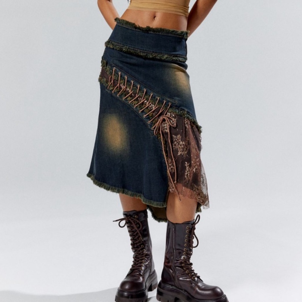 Basic Pleasure Mode Poison Ivy Lace Up Denim Asymmetrical Midi Skirt Size 8